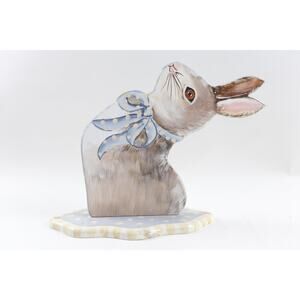 Country Bunny Wall Mount Rabbit Hare Bunny Gray Blue Ribbon Wooden Wall
